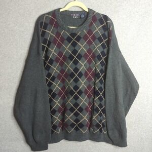 Vintage Mens XL Argyle Sweater Gray crew neck Pullover Oversized‎ Retro Preppy